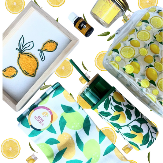 Love of Lemons Wellness Gift Bundle flat lay with lemon-themed wellness, kitchen and self-care gifts by Vinyl & Oil.