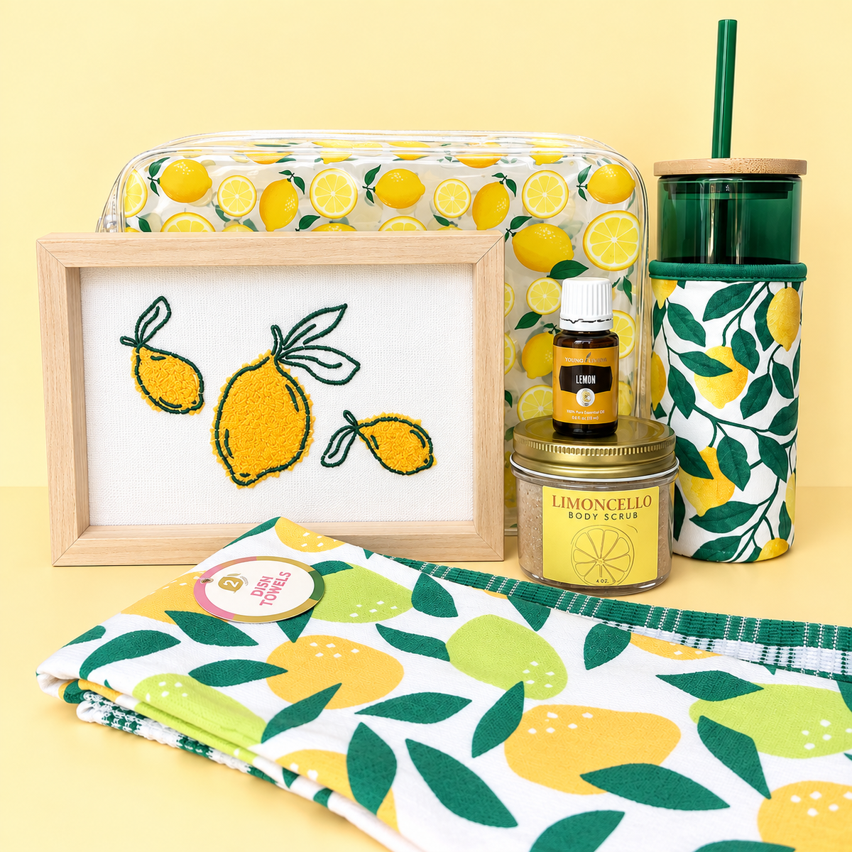 Love of Lemons Wellness Gift Bundle with Lemon essential oil, Limoncello Body Scrub, lemon sipper, dish towels and reusable lemon bag by Vinyl & Oil
