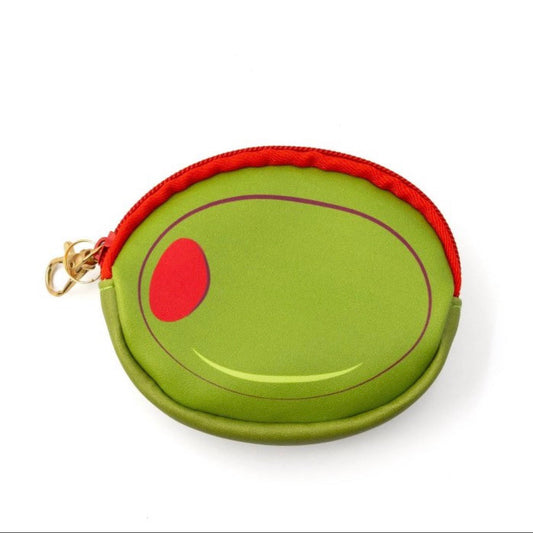 Martini olive charm pouch with zipper closure and gold clasp for storing small essentials.