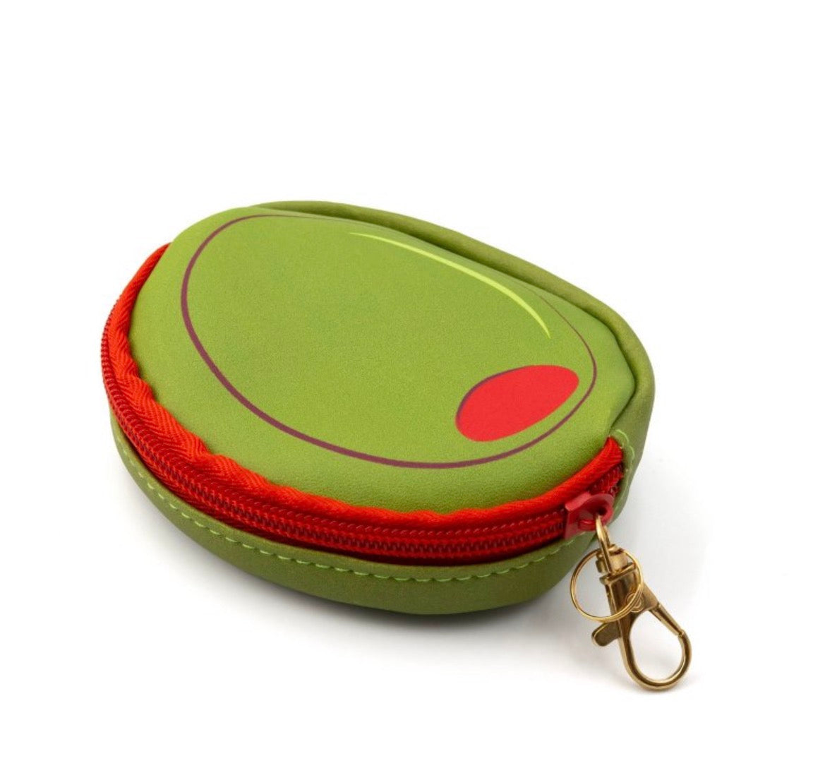 Side view of martini olive charm pouch showing zipper detail and gold hardware attachment.