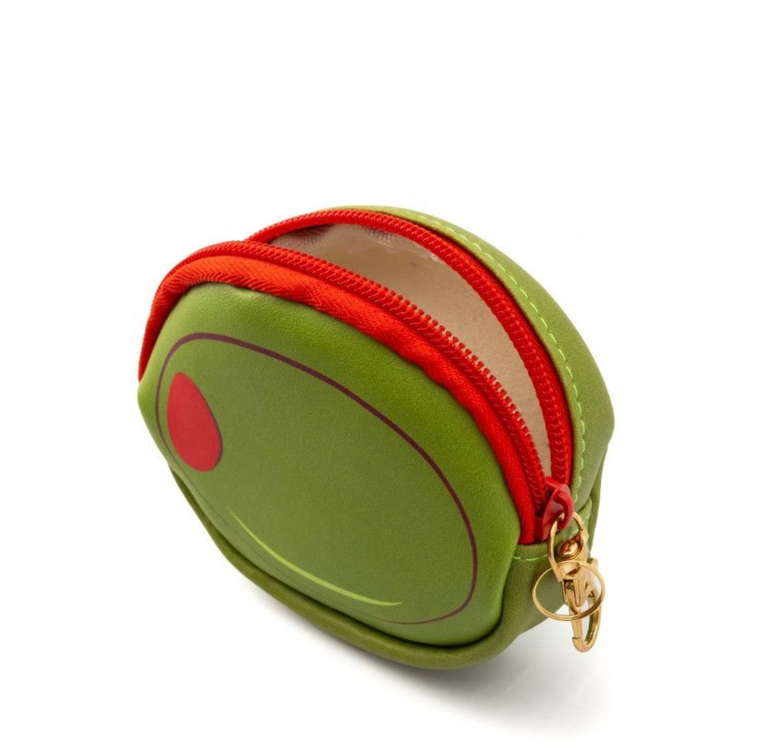 Open martini olive charm pouch designed to hold cash, cards, lip balm, earbuds, and small accessories.