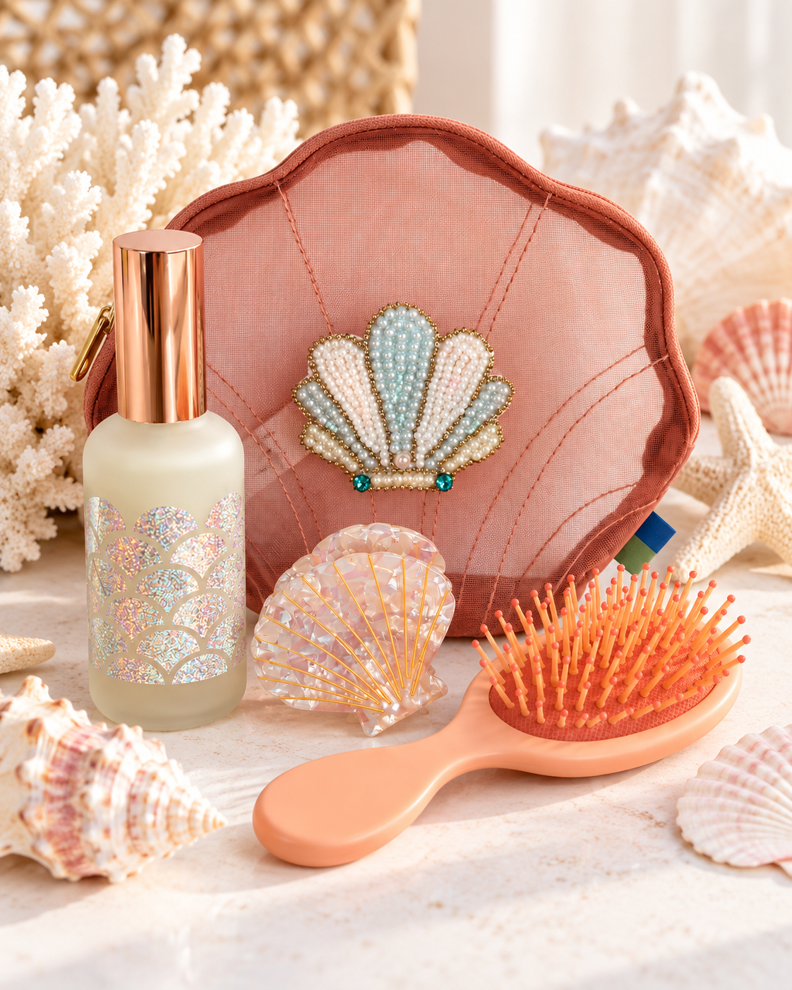 Mermaid-inspired wellness gift bag featuring a pink shell-shaped pouch, Mermaid Hair Conditioner & Detangler spray, seashell hair clip, and coral detangling brush, styled with seashells