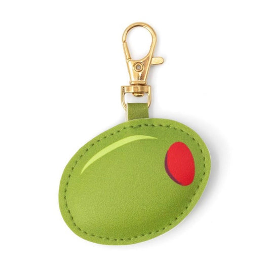 Olive-shaped keychain with gold clasp, perfect as a martini-themed bag charm or fun accessory gift.
