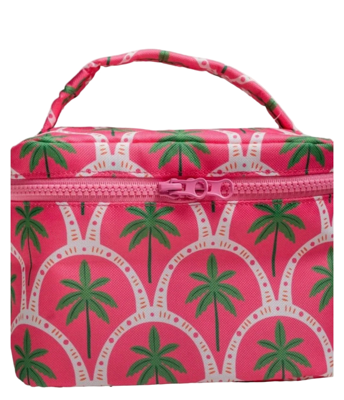 Pink palm print cosmetic case with handle and zip-around closure