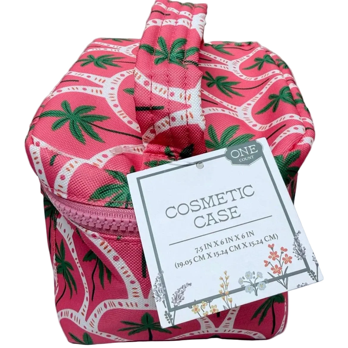 Side view of pink palm tree cosmetic and travel case