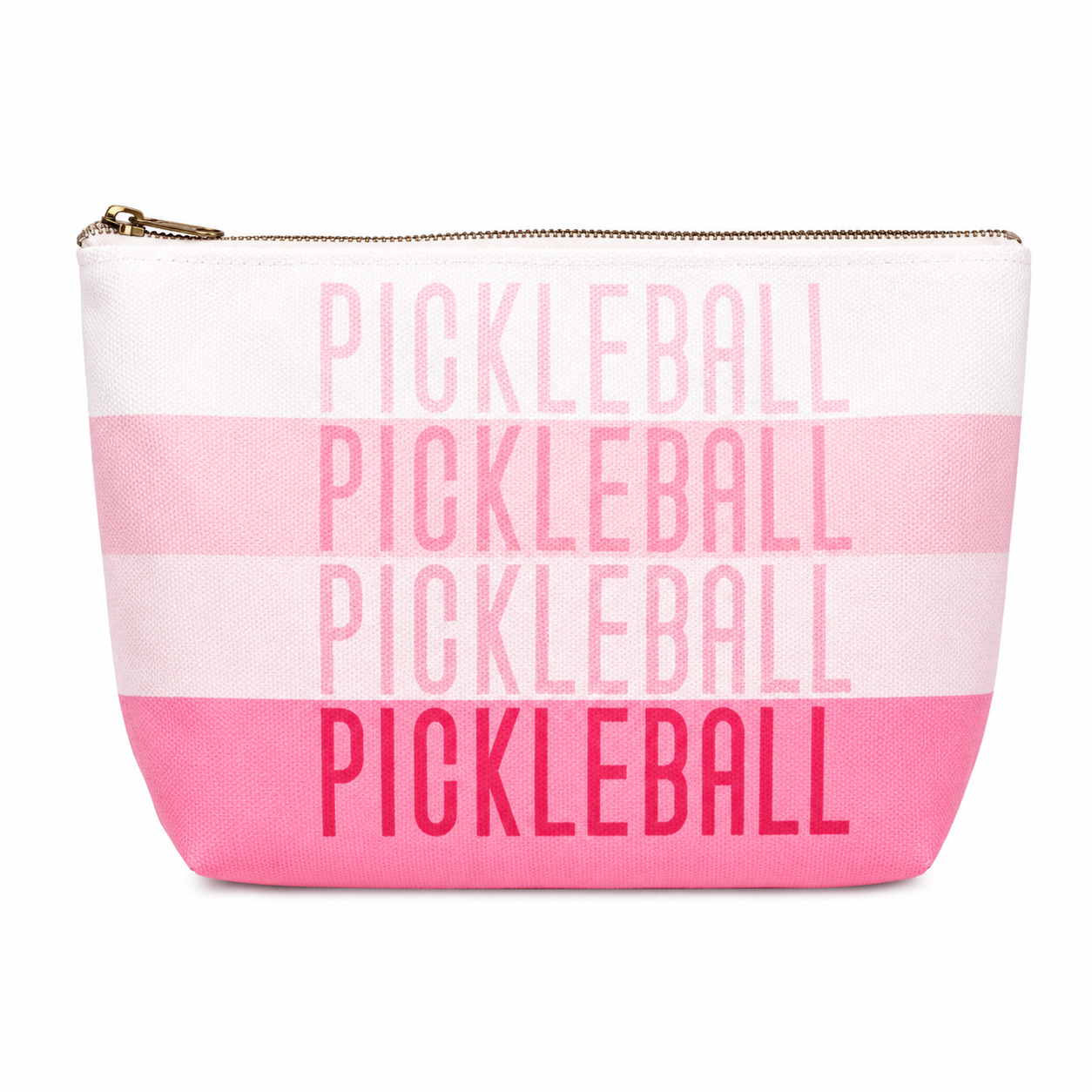 Pink striped mini cosmetic bag with repeating PICKLEBALL lettering and zip-top closure
