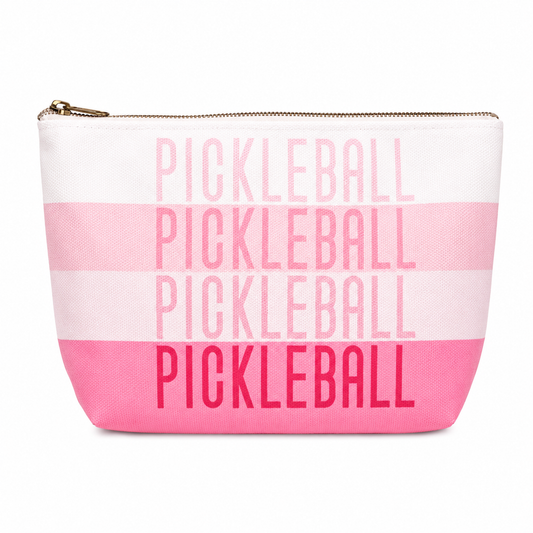 Pink striped mini cosmetic bag with repeating PICKLEBALL lettering and zip-top closure