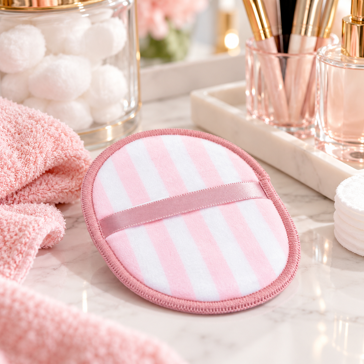 Pink and white striped reusable makeup remover pad styled on a vanity with beauty and skincare essentials.