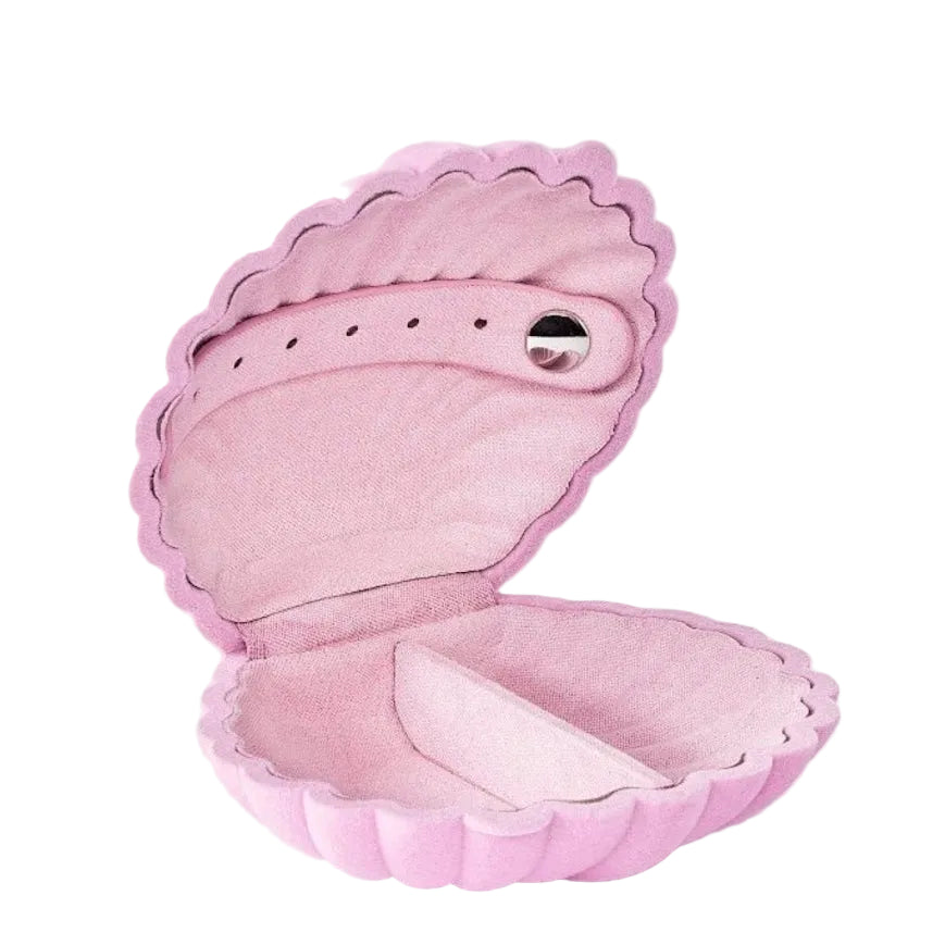 Pink shell-shaped travel jewelry organizer with compartments for rings, necklaces, and earrings, perfect for gifting and vacations.