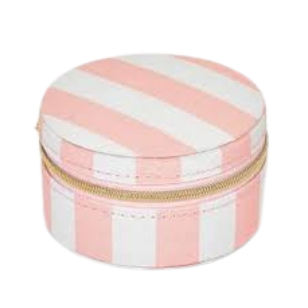 Pink striped round travel jewelry case for organizing accessories, jewelry, and wellness essentials.