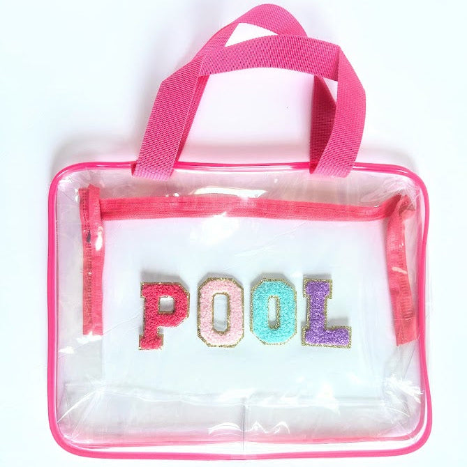 Clear pouch with pink handle and colorful 'POOL' letters on a white background