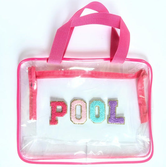 Clear pouch with pink handle and colorful 'POOL' letters on a white background