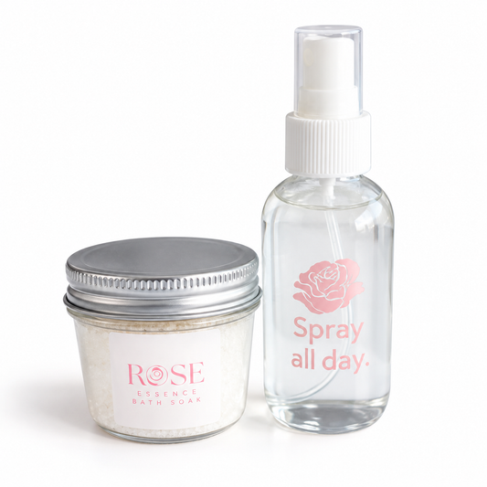 Rose Self-Care Wellness Gift Set with Rose Essence Bath Soak and Rose Moisturizing Face Spray by Vinyl & Oil.