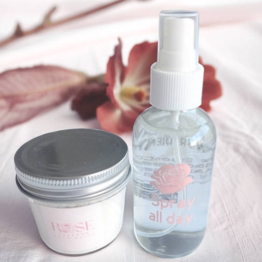 Rose Self-Care Wellness Gift Set with Rose Moisturizing Face Spray and Rose Essence Bath Soak by Vinyl & Oil.