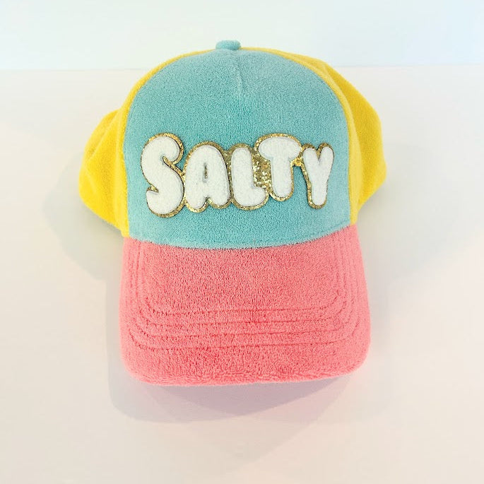 Colorful terry cloth trucker hat with glitter "Salty" lettering, perfect for beach vacations, boat days, pool days, and coastal summer adventures.