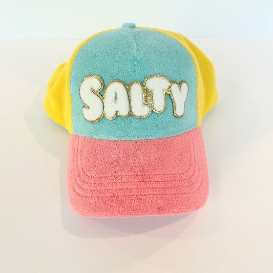 Colorful terry cloth trucker hat with glitter "Salty" lettering, perfect for beach vacations, boat days, pool days, and coastal summer adventures.