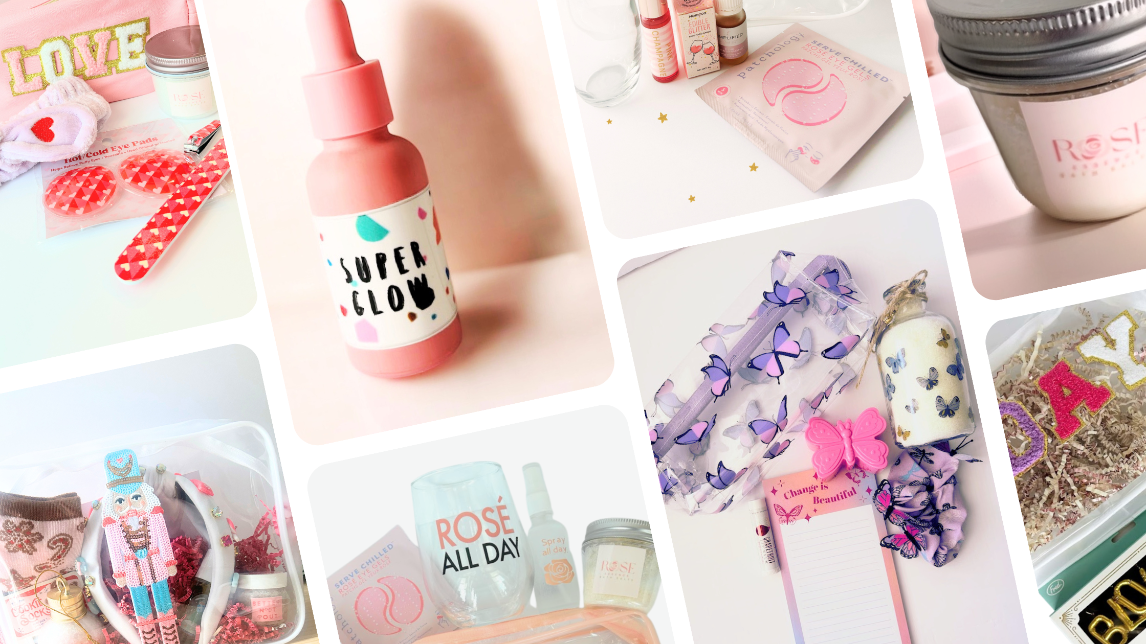 Self-care gift sets featuring essential oils based products, skincare items, and reusable cosmetic bags