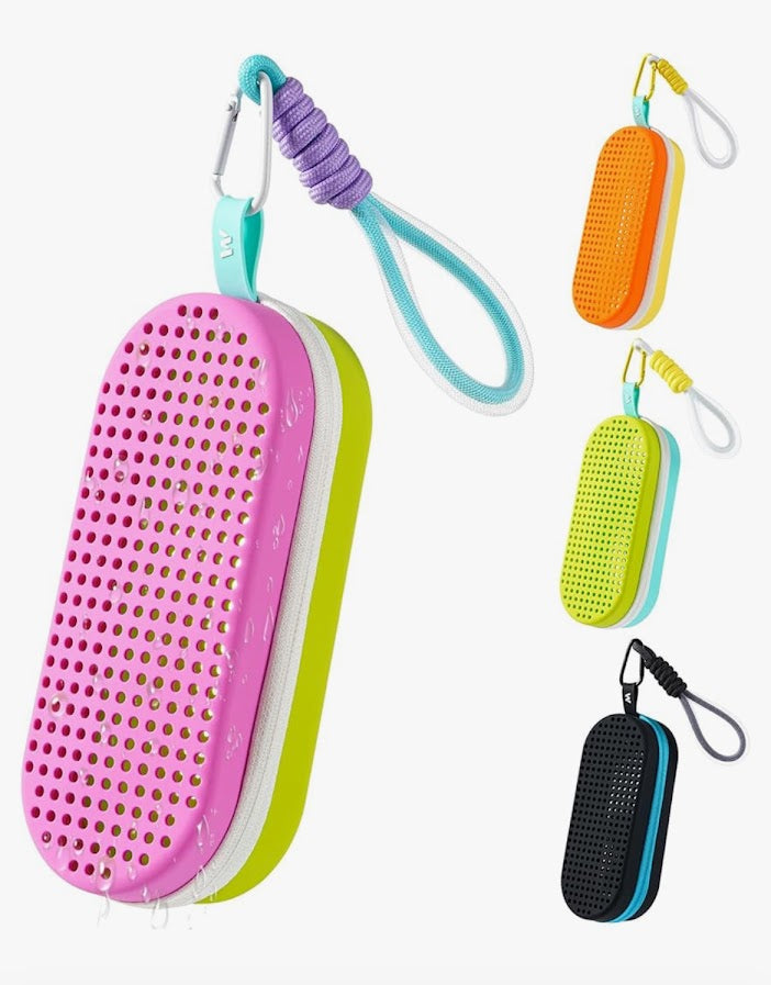 Colorful silicone goggles cases with drainage holes on a white background