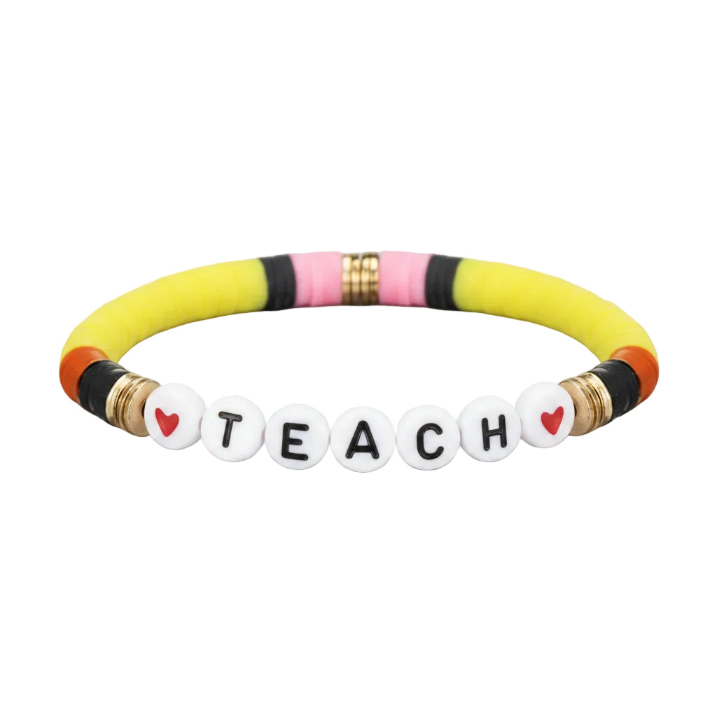 Colorful beaded teacher bracelet featuring "TEACH" lettering, perfect for teacher appreciation gifts, classroom celebrations, and end-of-year thank-you gifts