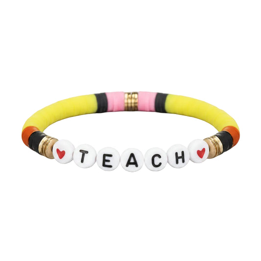 Colorful beaded teacher bracelet featuring "TEACH" lettering, perfect for teacher appreciation gifts, classroom celebrations, and end-of-year thank-you gifts